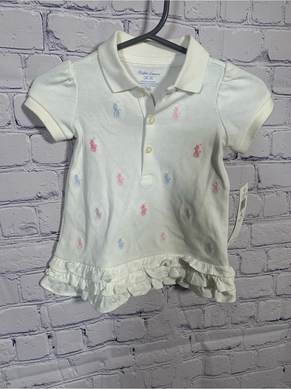 Ralph Lauren Core Replin Ruffle Polo Dress White Embroidered Logo Sz 3M NWT